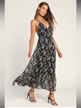 Lulus Black Make a Mark Floral Print Strappy Backless Ruffled Maxi Dress NWOT S